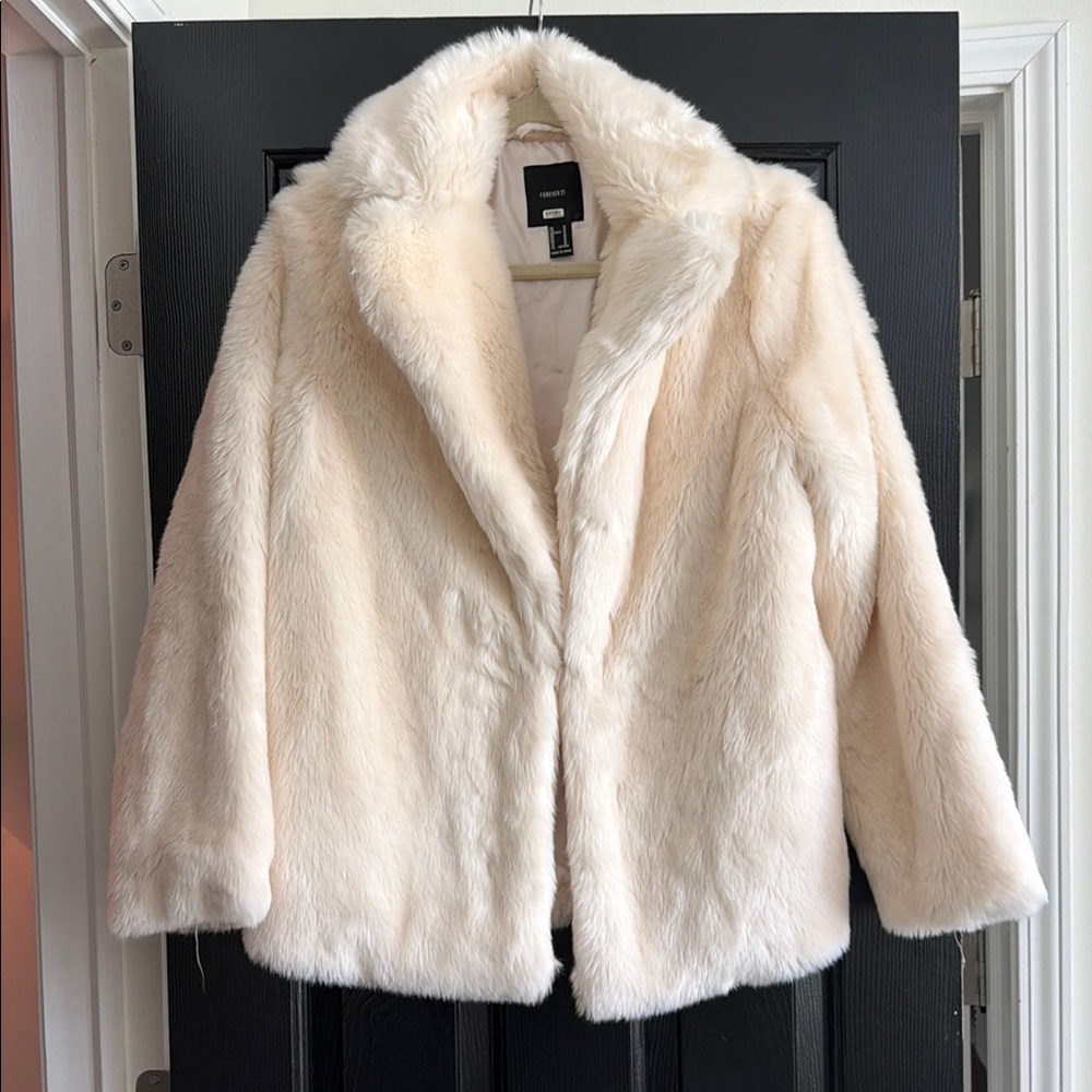 Cream Faux Fur Jacket - Women's Cozy Coat